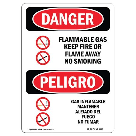 SIGNMISSION Safety Sign, OSHA Danger, 14" Height, Aluminum, Flammable Gas Keep Fire Away Spanish OS-DS-A-1014-VS-1235